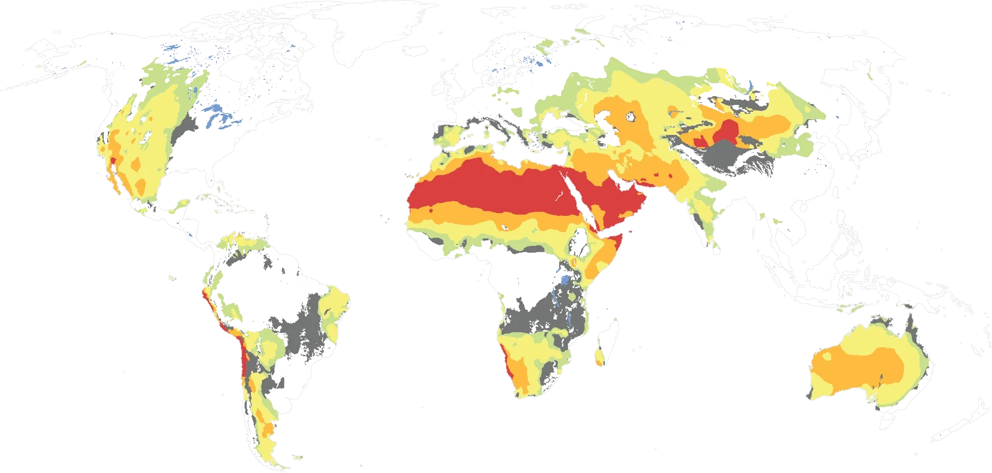 World map of drylands by aridity class: hyperarid, arid, semiarid, dry subhumid and presumed drylands